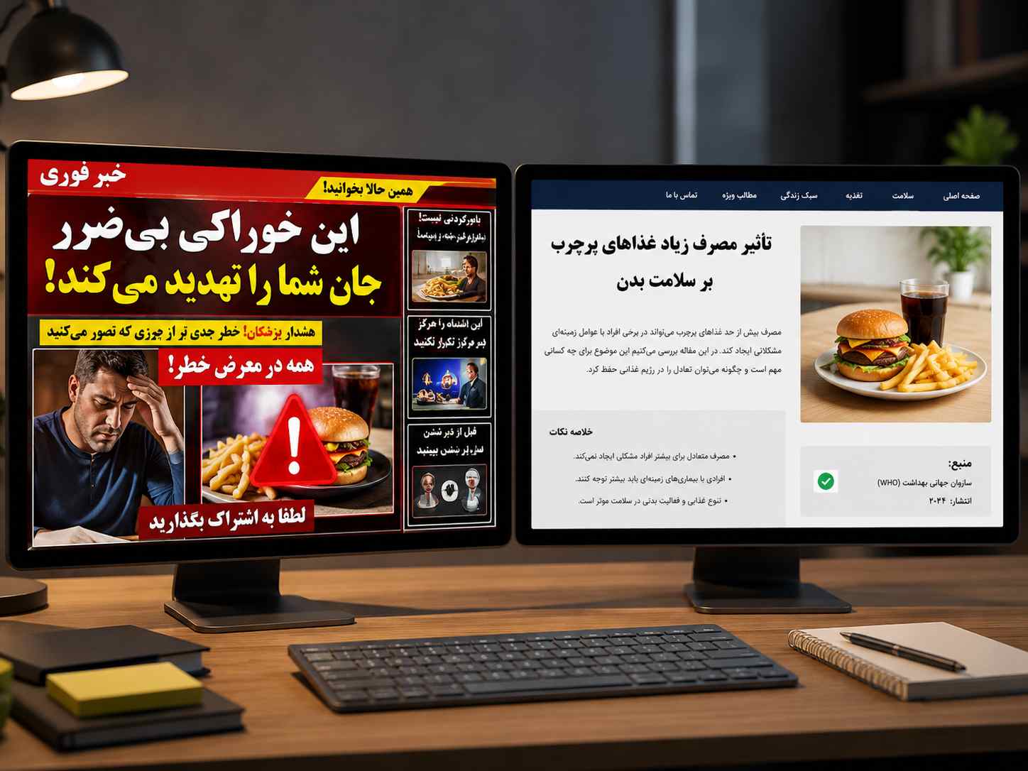 مقایسه محتوای زرد و محتوای معتبر در دو مانیتور، با تیتر اغراق_آمیز در سمت چپ و مقاله مستند در سمت راست
