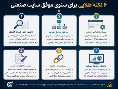 اینفوگرافیک شش نکته کلیدی برای موفقیت سئو سایت صنعتی شامل تحقیق کلمات کلیدی، ساختار اصولی سایت، بهینه‌سازی فنی، تولید محتوای ارزشمند، لینک‌سازی معتبر و تحلیل و بهبود مستمر.