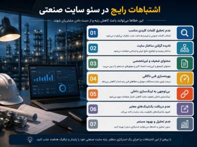 اینفوگرافیک اشتباهات رایج در سئو سایت صنعتی شامل تحقیق ضعیف کلمات کلیدی، ساختار نامناسب سایت، محتوای غیرتخصصی، بهینه‌سازی فنی ناکافی، لینک‌سازی داخلی ضعیف، نبود بک‌لینک معتبر و تحلیل‌نکردن مستمر عملکرد.