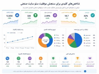 داشبورد تحلیلی سئو سایت صنعتی شامل ترافیک ارگانیک، تعداد سرنخ‌ها، نرخ تبدیل، میانگین رتبه کلمات کلیدی، نرخ پرش، تماس‌ها، فرم‌های درخواست، دانلود کاتالوگ و شاخص‌های کیفیت سرنخ.