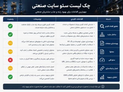 اینفوگرافیک چک‌لیست سئو سایت صنعتی شامل تحقیق کلمات کلیدی، ساختار سایت، بهینه‌سازی صفحات، تولید محتوا، سئوی فنی، لینک‌سازی و تحلیل مستمر عملکرد.