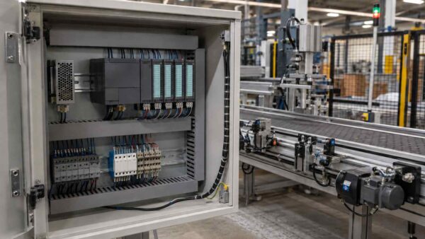 تابلو برق صنعتی مجهز به PLC در کنار خط نقاله خودکار کارخانه