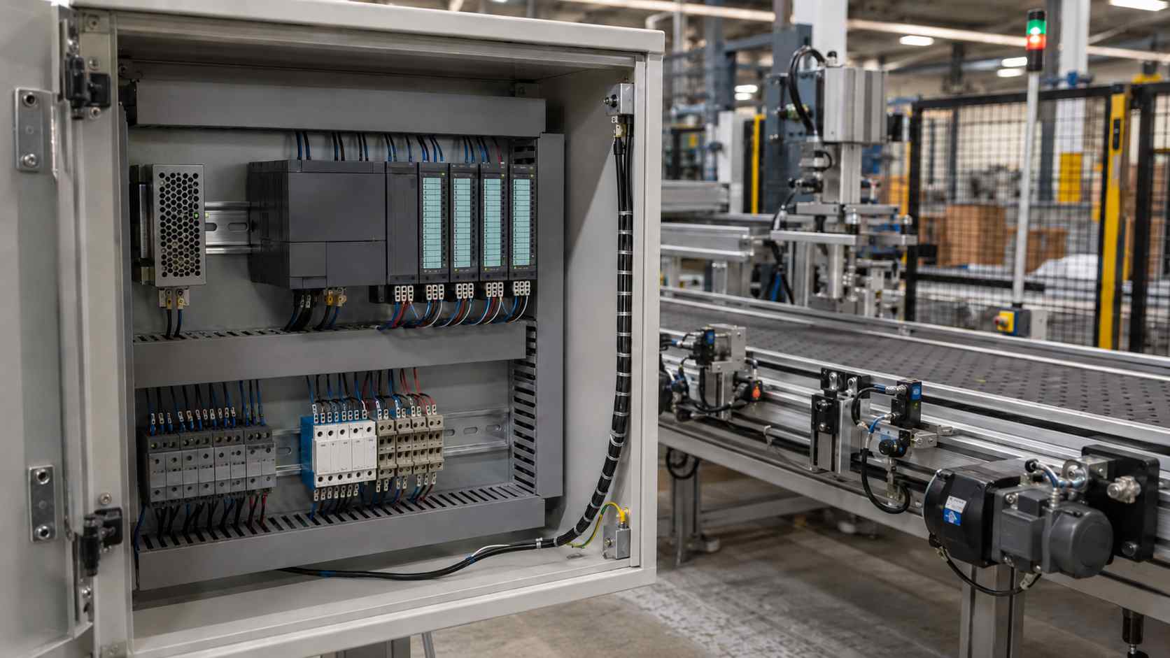 تابلو برق صنعتی مجهز به PLC در کنار خط نقاله خودکار کارخانه
