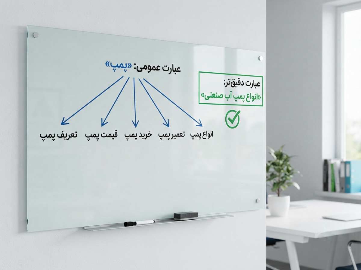 تخته سفید با نمودار درختی که تفاوت عبارت عمومی «پمپ» و عبارت دقیق «انواع پمپ آب صنعتی» را نشان می_دهد
