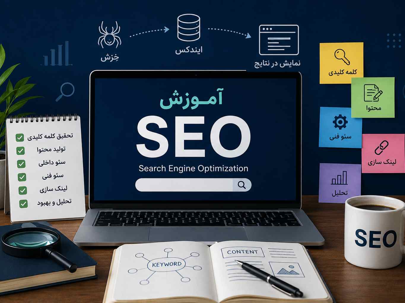 تصویر شاخص آموزش SEO با لپ تاپ، کلمه کلیدی، سئوی فنی، لینک سازی و تحلیل عملکرد سایت