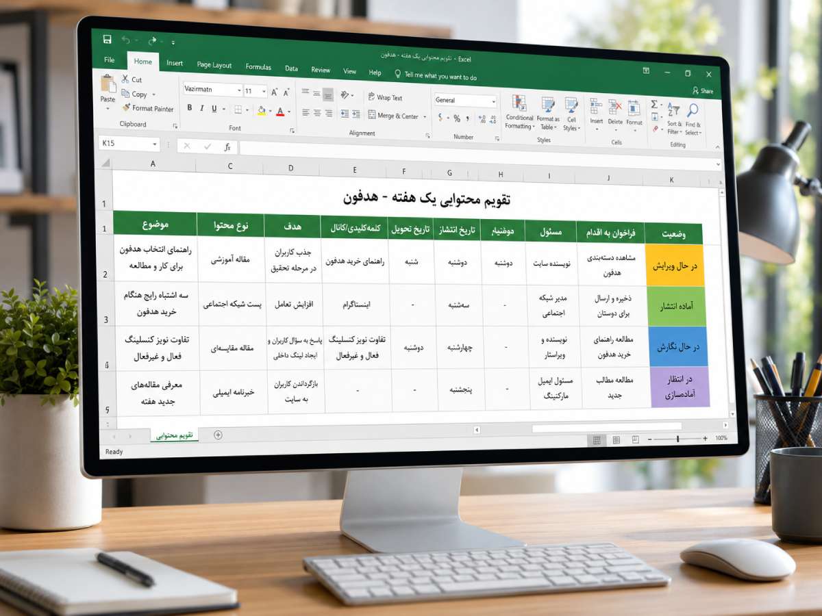 مایش تقویم محتوایی یک هفته_ای در فایل اکسل روی صفحه کامپیوتر شامل موضوع محتوا، نوع محتوا، تاریخ انتشار، مسئول و وضعیت تولید محتوا