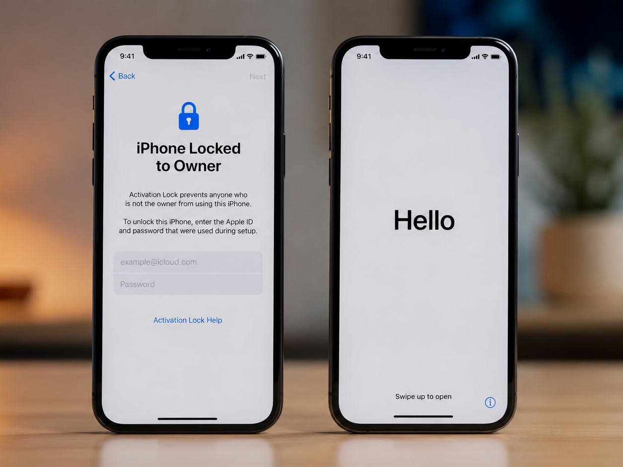 مقایسه صفحه Hello آیفون با پیام iPhone Locked to Owner