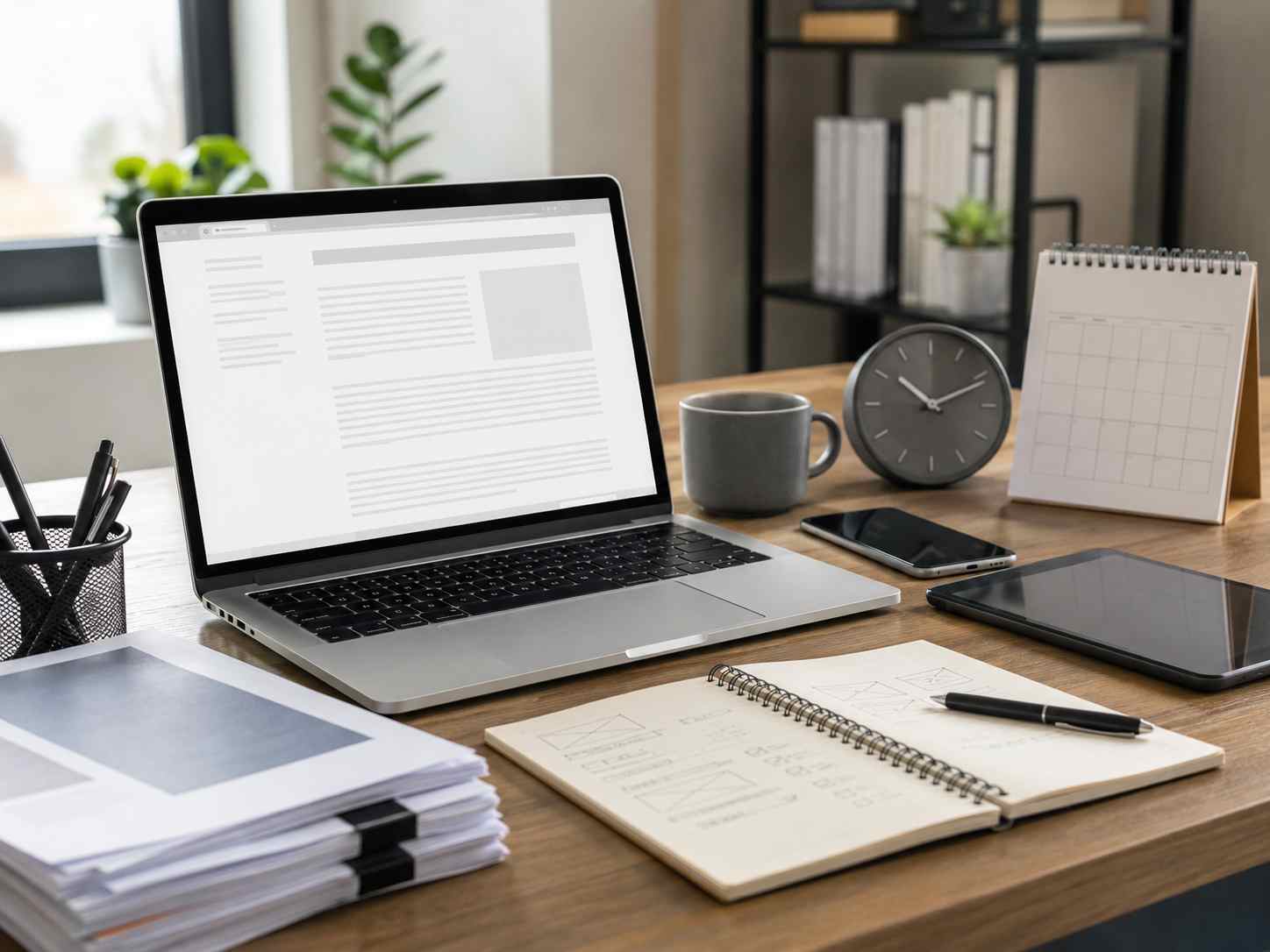 میز کار مدرن با لپ_تاپ، فایل_های محتوایی و ابزارهای برنامه_ریزی برای تولید و مدیریت محتوای آماده فناوری
