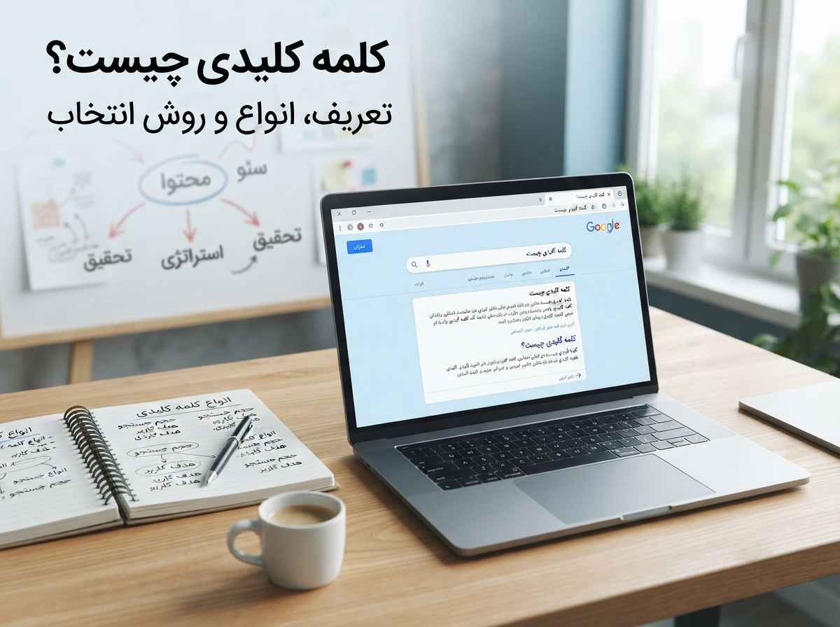 میز کار مدرن با لپ‌تاپ و دفترچه یادداشت، صفحه نمایشگر عبارت «کلمه کلیدی چیست» را نشان می‌دهد