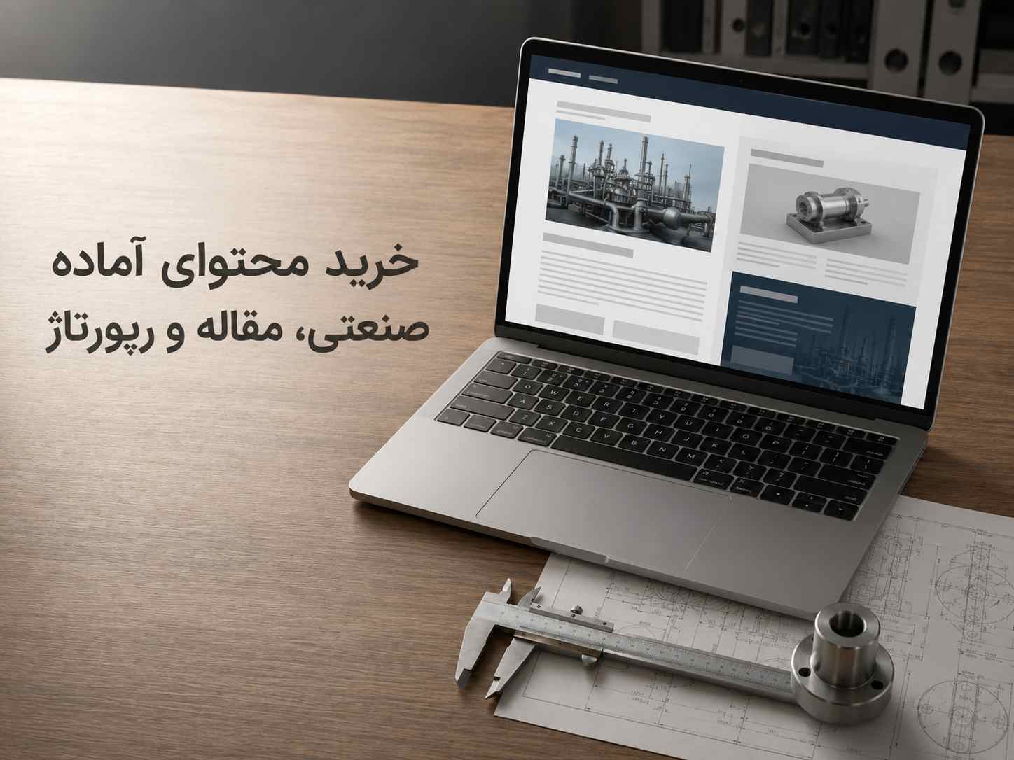 نمای وب_سایت محتوای صنعتی روی لپ_تاپ در کنار نقشه فنی، کولیس و قطعه فلزی صنعتی