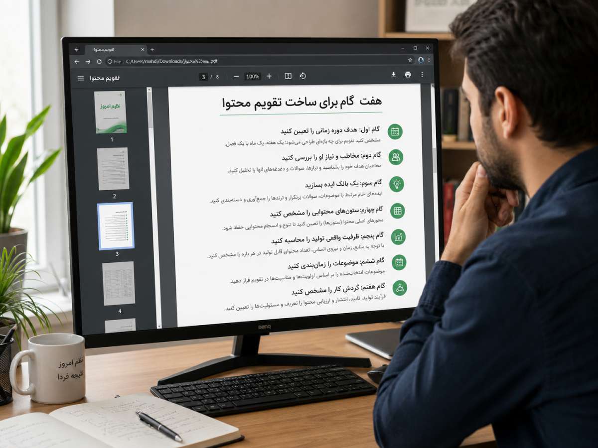 نمایش هفت گام ساخت تقویم محتوا در فایل PDF روی صفحه کامپیوتر در حال مطالعه توسط کاربر