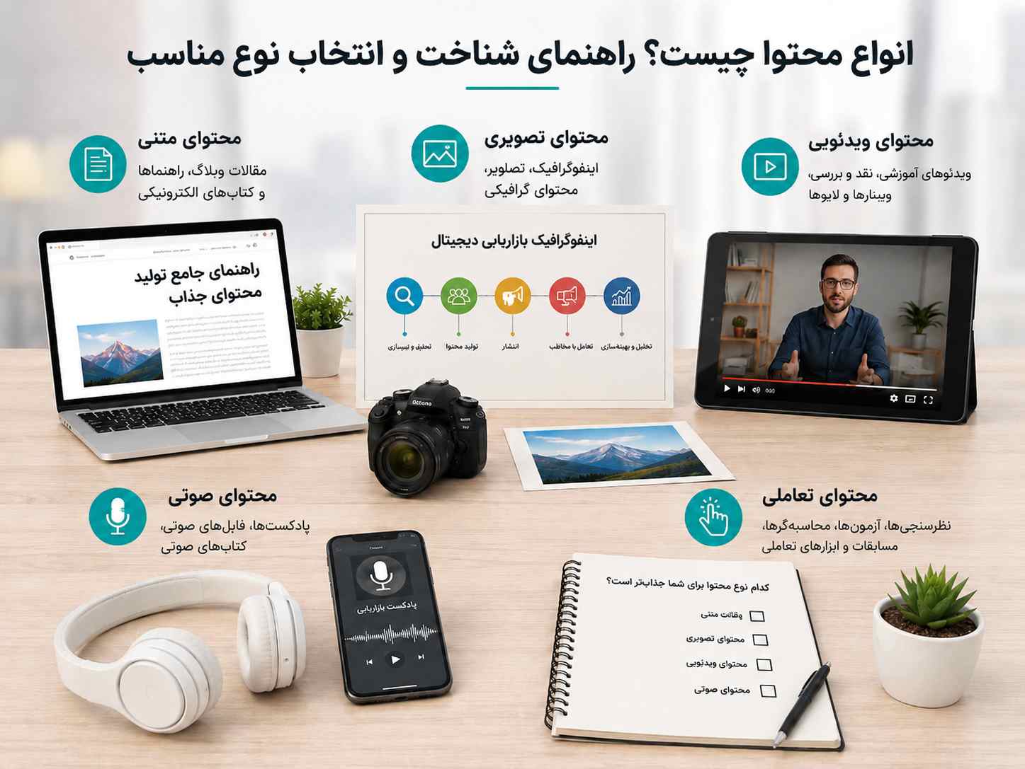 انواع محتوا چیست؟ راهنمای شناخت و انتخاب نوع مناسب؛ اینفوگرافیکی درباره انواع محتوای متنی، تصویری، ویدیویی، صوتی و تعاملی در بازاریابی دیجیتال