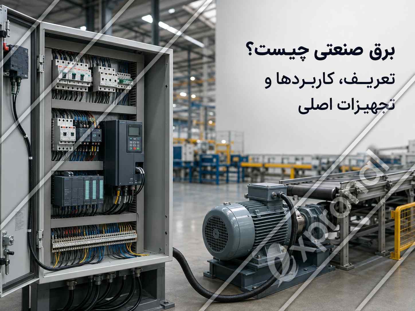 تابلو برق صنعتی باز در کنار موتور و نوار نقاله در محیط کارخانه، با عنوان «برق صنعتی چیست؟ تعریف، کاربردها و تجهیزات اصلی».