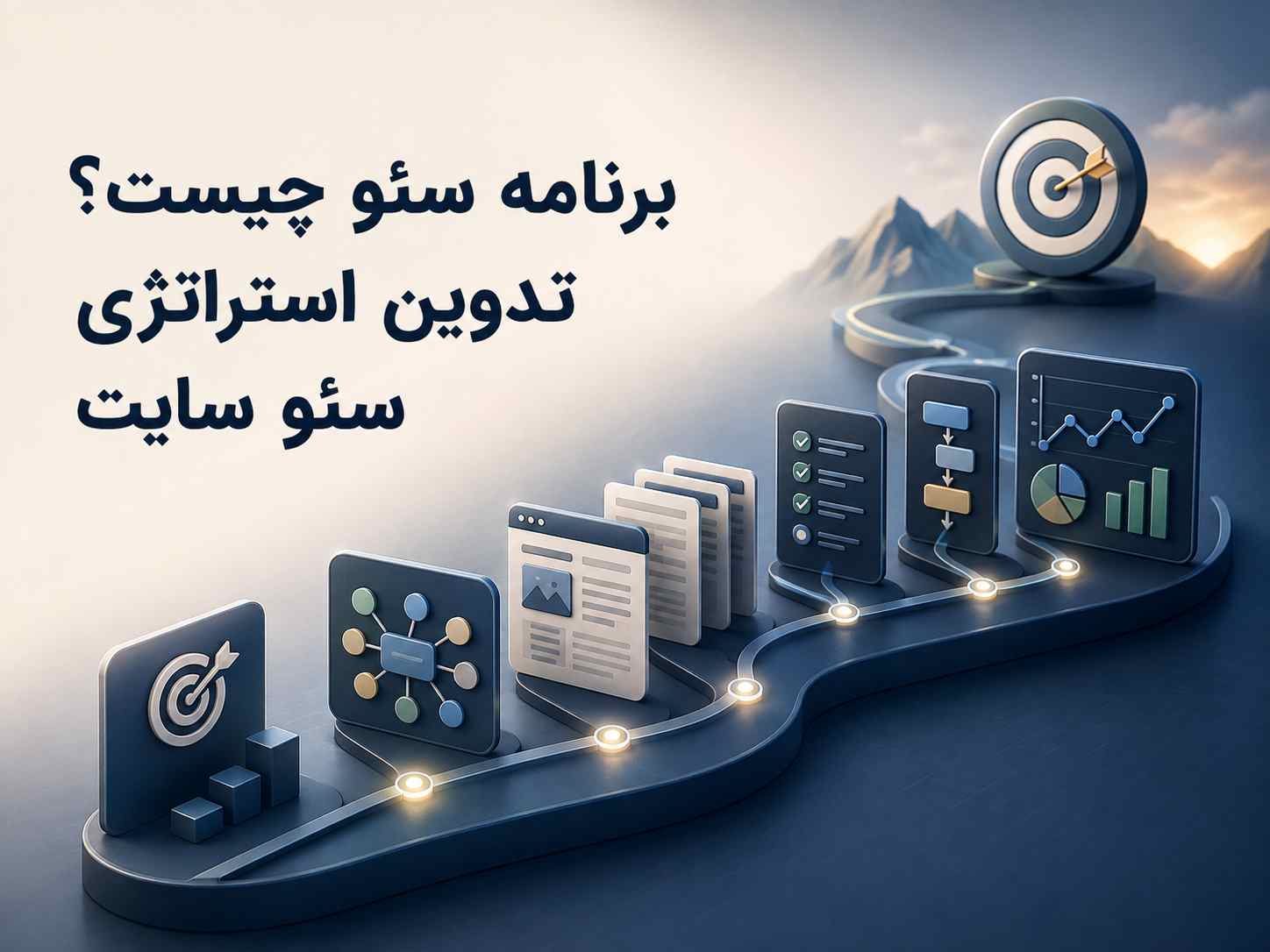 تصویر مفهومی برنامه سئو و تدوین استراتژی سئو سایت با نمایش مسیر هدف_گذاری، خوشه_های محتوا، صفحات سایت، اقدامات اجرایی و تحلیل نتایج.