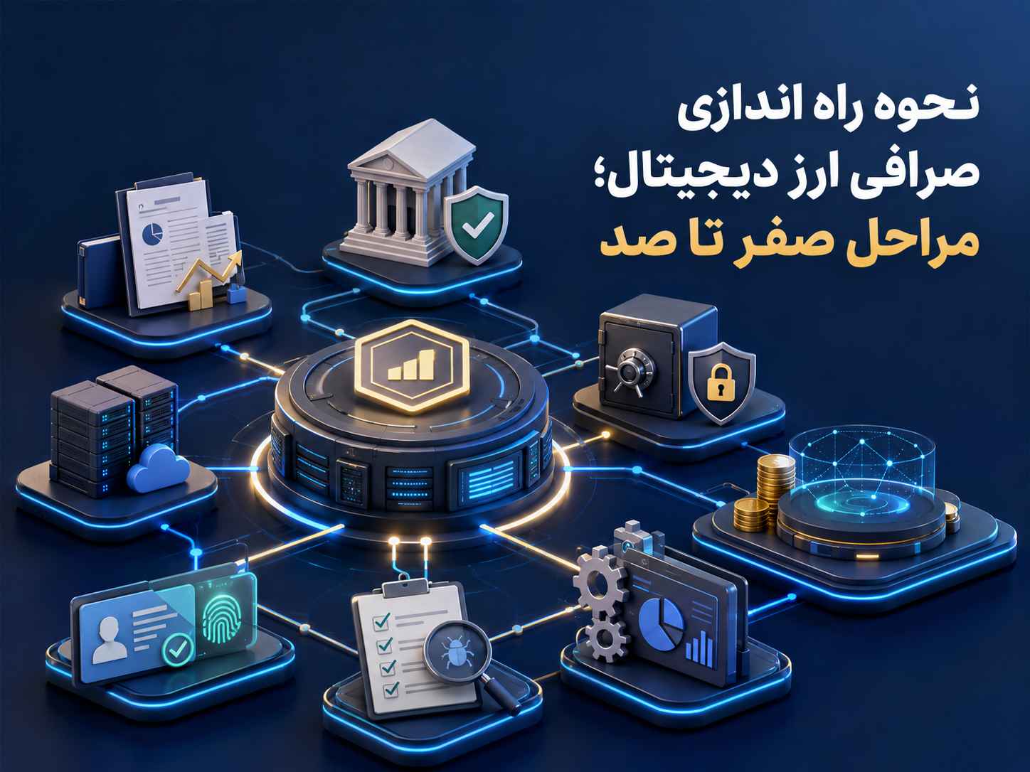 تصویر مفهومی مسیر راهاندازی صرافی ارز دیجیتال از برنامهریزی تا عملیات