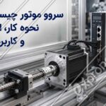 سروو موتور صنعتی متصل به درایو و محور خطی، همراه با عنوان «سروو موتور چیست؛ نحوه کار، اجزا و کاربردها»