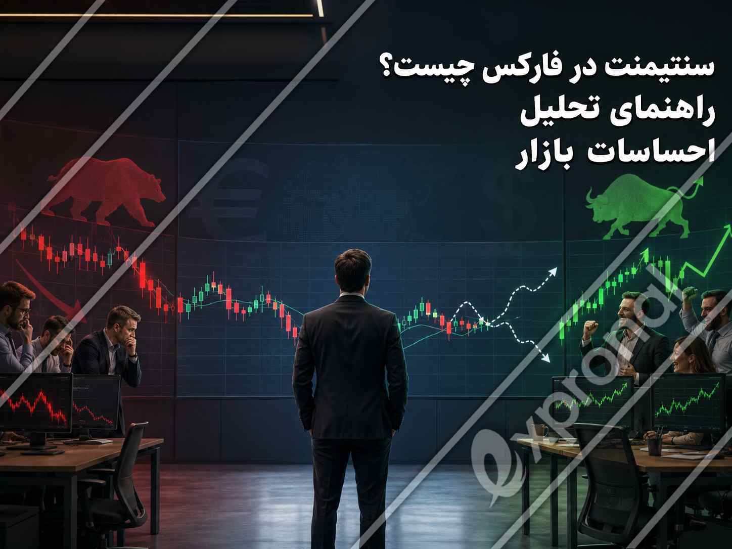 سنتیمنت در فارکس با معامله_گران نزولی در سمت چپ، معامله_گران صعودی در سمت راست و نمودار قیمت در مرکز تصویر