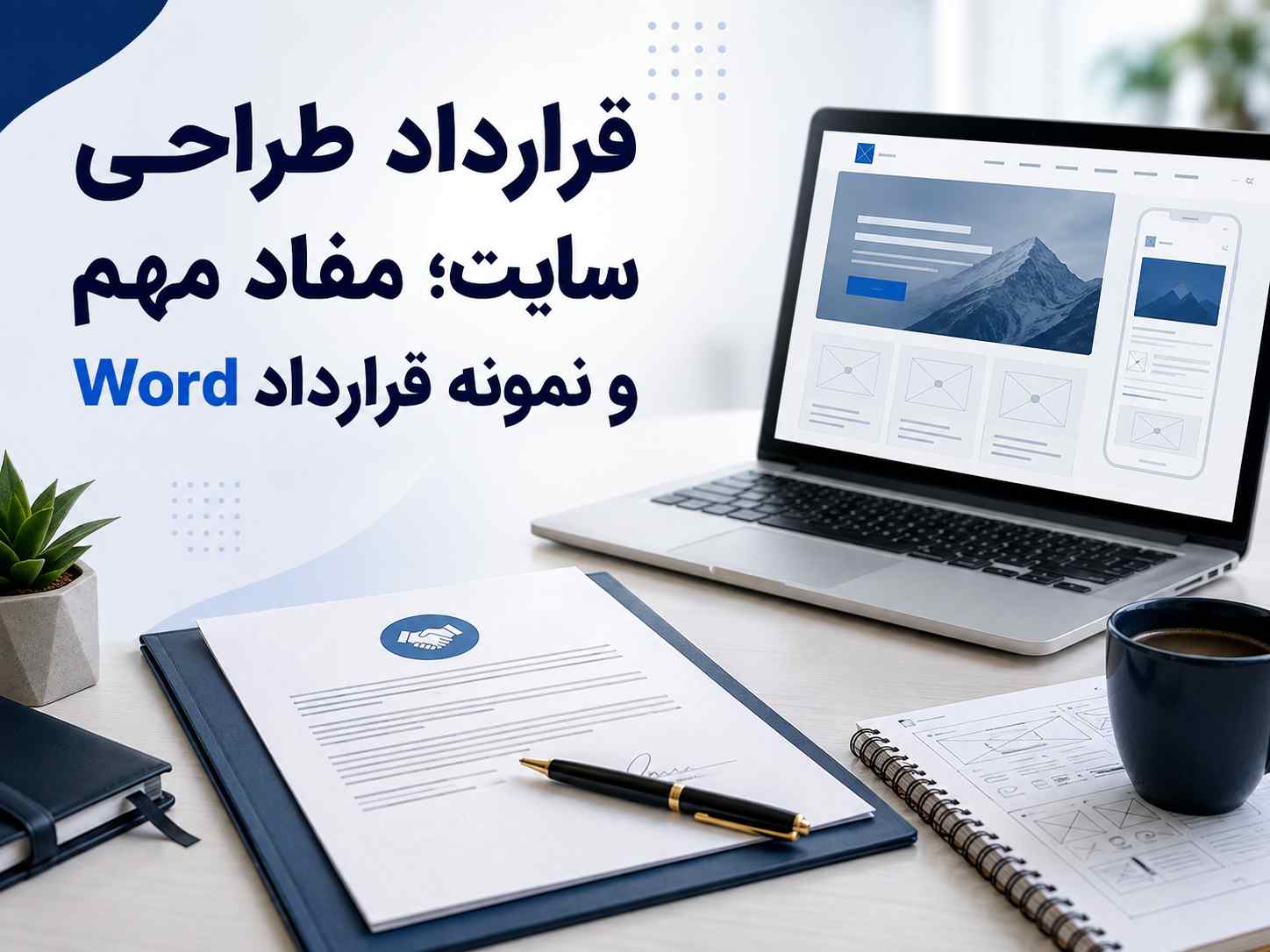 قرارداد طراحی سایت در کنار لپتاپ با نمایش طرح رابط کاربری و عنوان مقاله «قرارداد طراحی سایت؛ مفاد مهم و نمونه قرارداد Word»