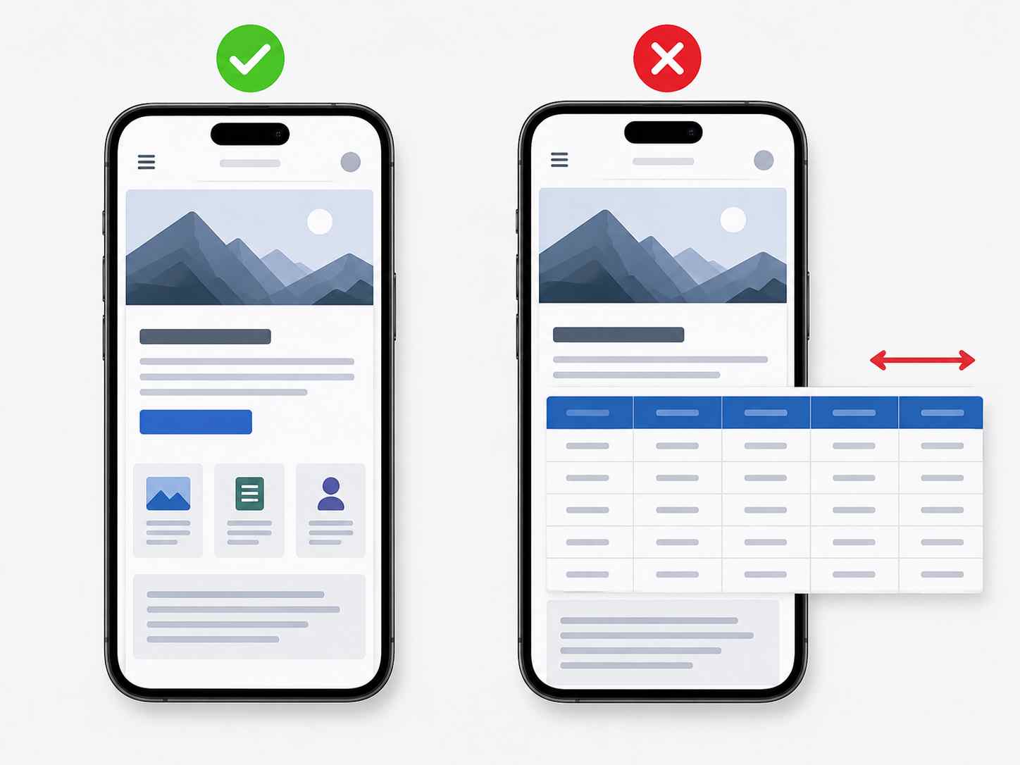 مقایسه نمایش صحیح صفحه Responsive در موبایل با صفحه_ای که جدول عریض باعث اسکرول افقی و خروج محتوا از عرض نمایشگر شده است.