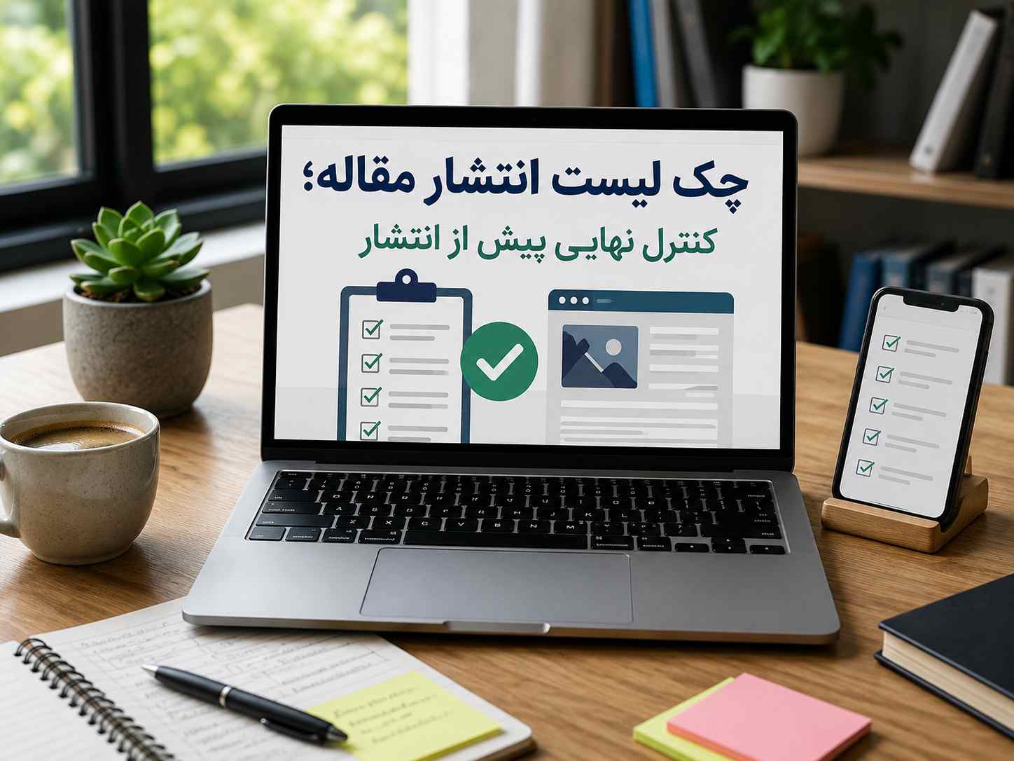 میز کار واقعی با لپ_تاپ و گوشی هوشمند در حال نمایش عنوان «چک لیست انتشار مقاله؛ کنترل نهایی پیش از انتشار» و نمادهای بررسی محتوا.