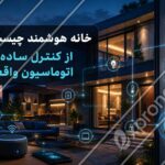 نمای خانه هوشمند مدرن با قفل، دوربین، ترموستات، روشنایی و تجهیزات متصل به سیستم اتوماسیون خانگی