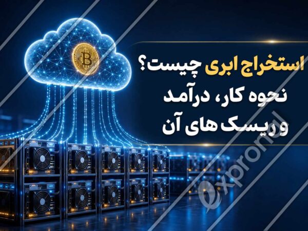 نمای مفهومی استخراج ابری با ابر دیجیتال متصل به دستگاه های ماینینگ و عنوان استخراج ابری چیست؟ نحوه کار، درآمد و ریسک های آن