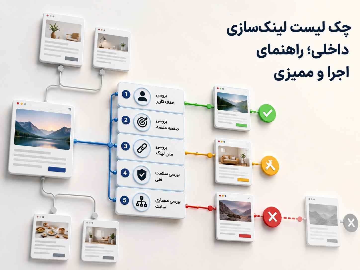 نمایش چک_لیست پنج_مرحله_ای بررسی لینک_سازی داخلی شامل هدف کاربر، صفحه مقصد، انکرتکست، سلامت فنی و معماری سایت