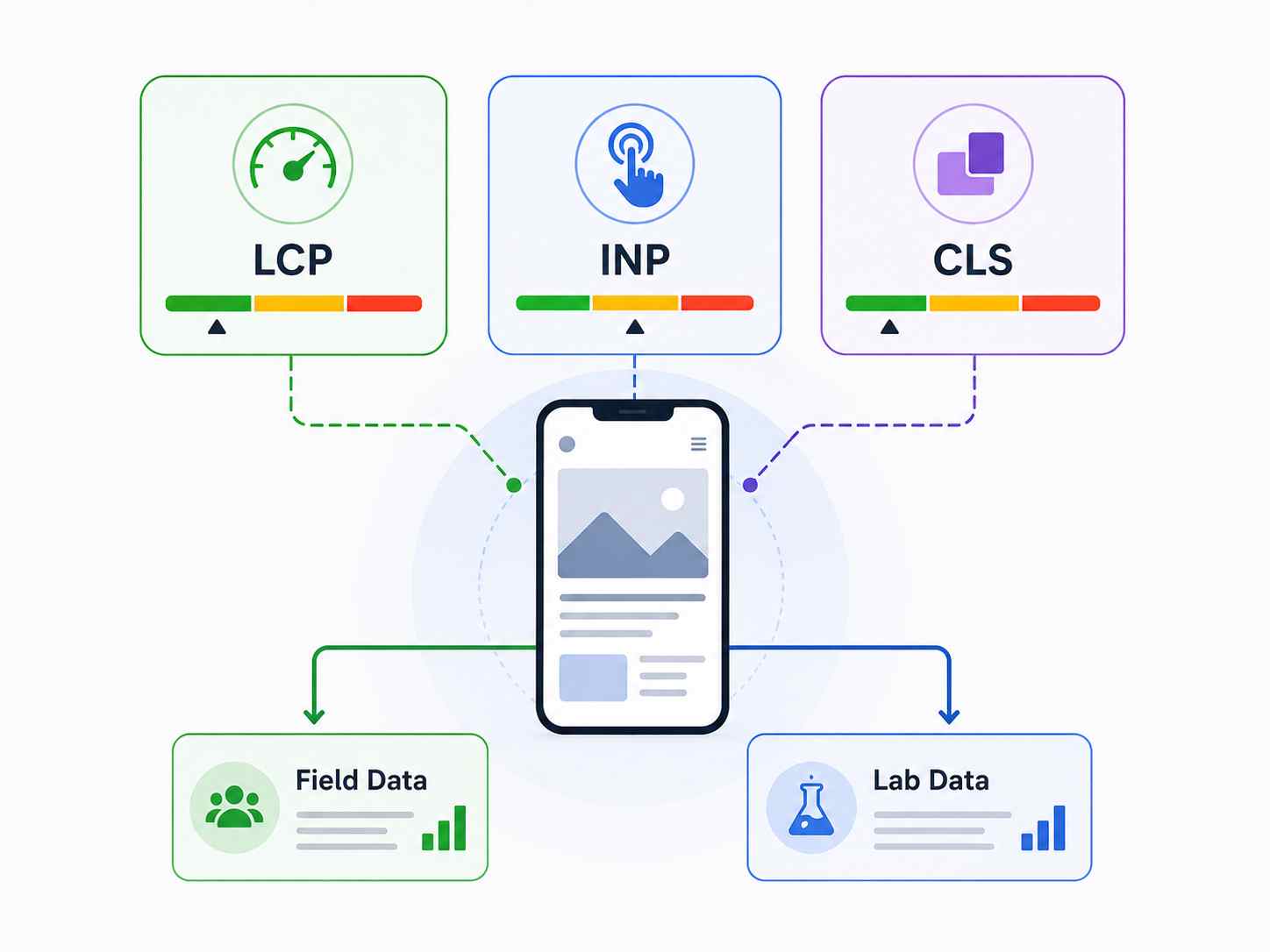نمودار آموزشی معیارهای LCP، INP و CLS در موبایل با تفکیک داده_های واقعی کاربران (Field Data) و داده_های آزمایشگاهی (Lab Data).