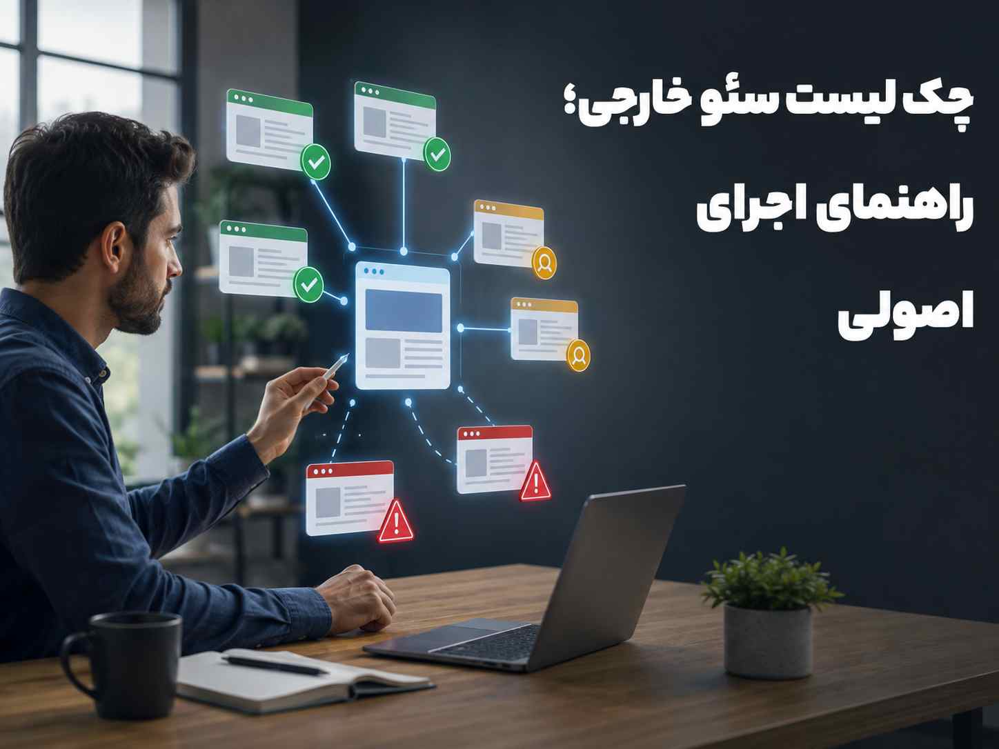 کارشناس سئو در حال بررسی فرصت_های معتبر و پرریسک در چک لیست سئو خارجی